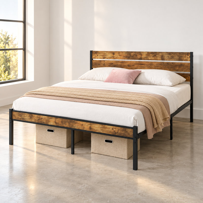 Structure de lit plateforme double avec tête de lit en bois, structure de lit en métal robuste avec espace de rangement sous le lit, support de matelas robuste avec structure et pieds renforcés
