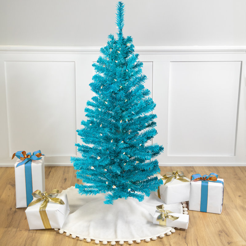 Pre-Lit Medium Artificial Pine Christmas Tree - Turquoise - Clear Lights, 4'
