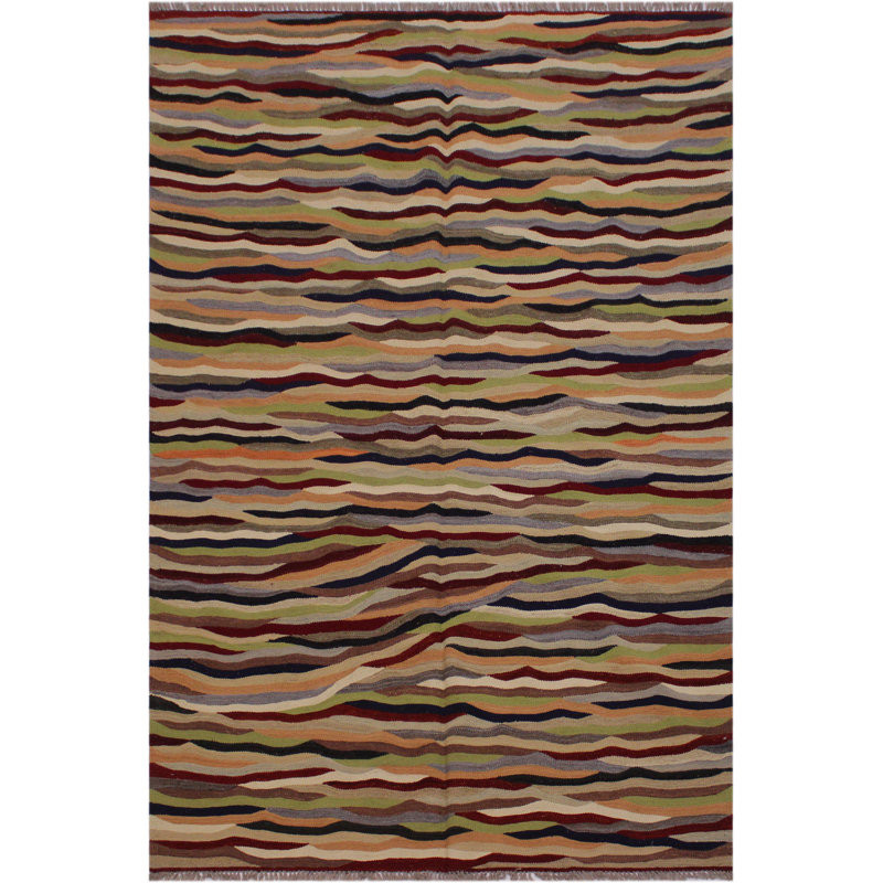 Tapis beige / rouge en laine fabriqué à la main de conception unique 4 pi 11 po x 6 pi 9 po Lowenna