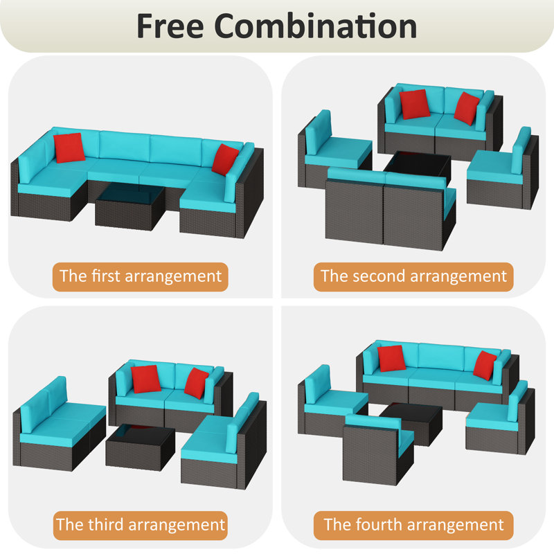 Modular 7 Piece Outdoor Rattan Seating Set For Patio Furniture, Blue