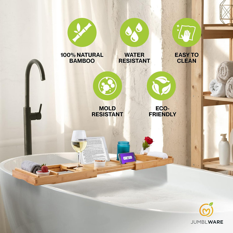 Bamboo Freestanding Bathtub Caddy with Extendable Sides