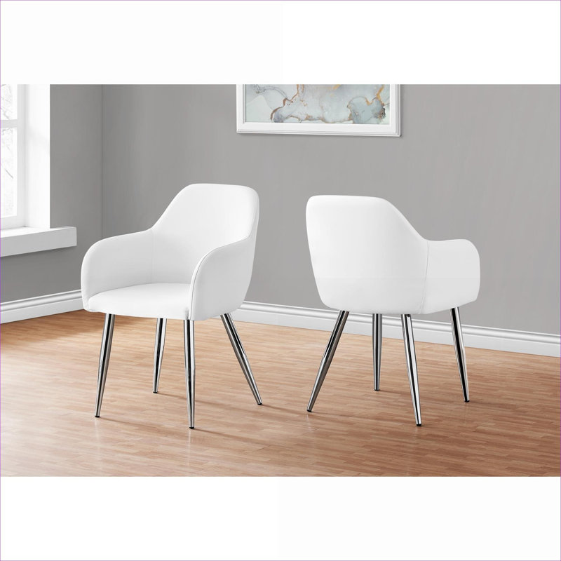 Chaises de salle à manger modernes à accoudoirs compacts, similicuir blanc classique avec pieds en métal chromé, ensemble de 2 pour la cuisine et la salle à manger