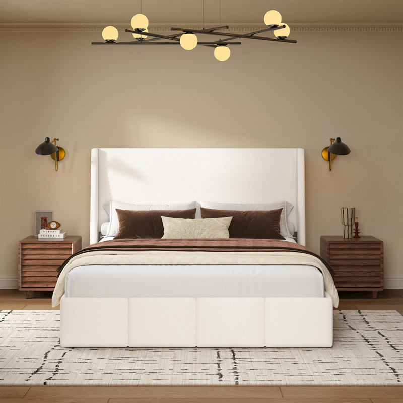 High Headboard Platform Bed Frame Made Of Sherpa, White, Queen