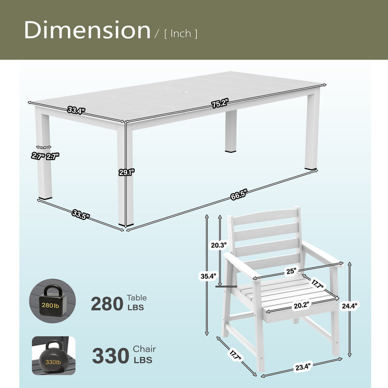 Table et chaises de salle à manger d'extérieur standard 7 pièces, Blanc