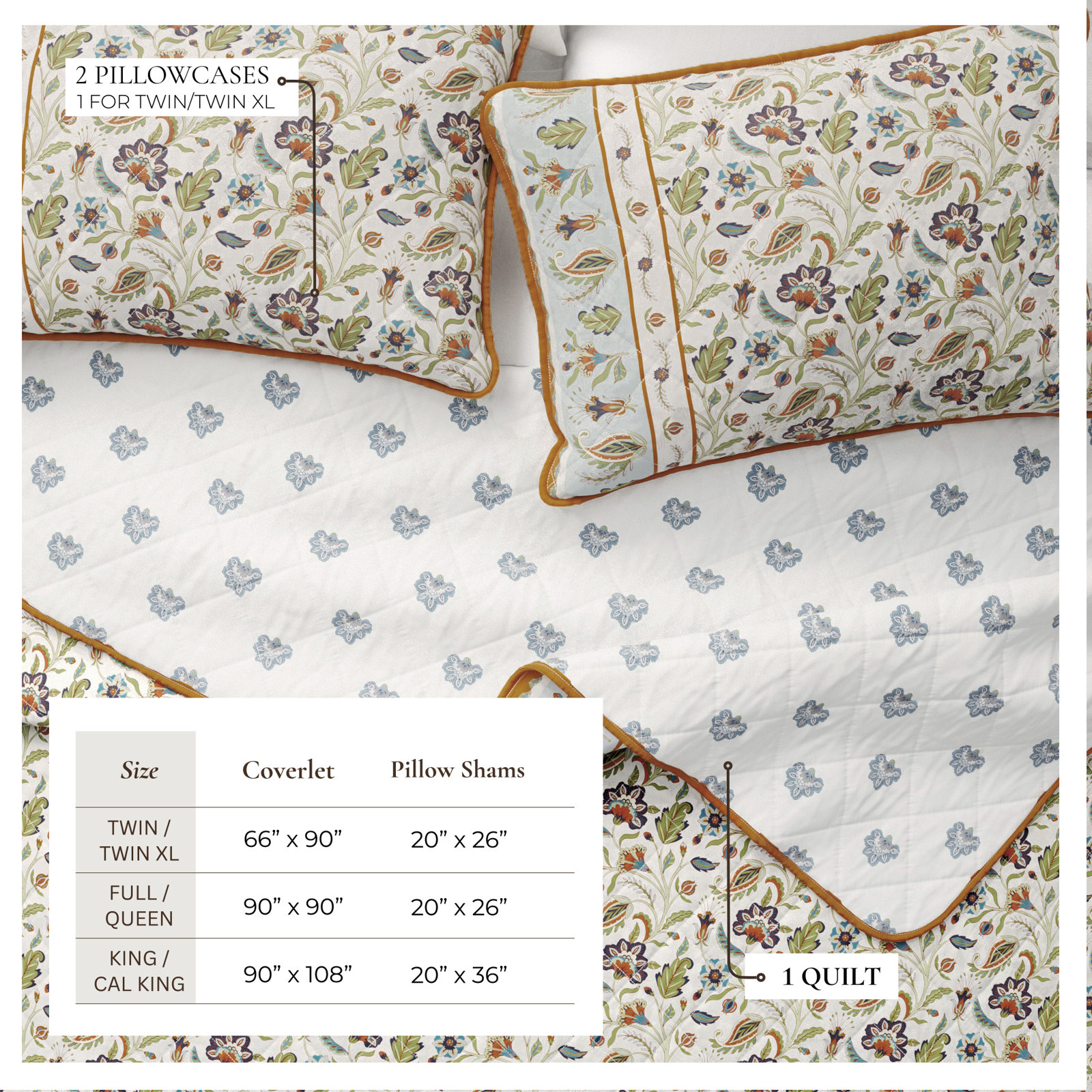 Floral Cotton Quilt Set, Twin Quilt + 1 Standard Sham, Ivory Floral