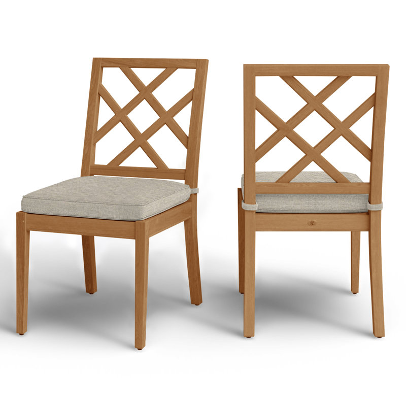 Haley Patio Dining Side Chair with Cushions, Natural Teak, Natural White, Welt