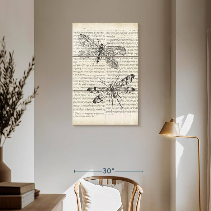 Libellules Brampt rétro sur papier journal, H 57 po x l 36 po