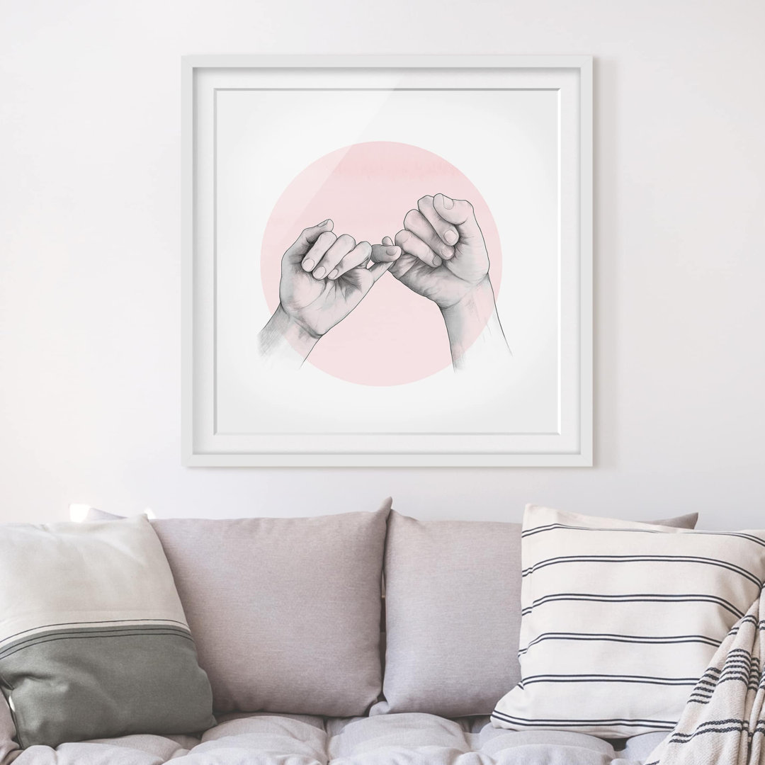 Gerahmtes Poster Illustration Hände Freundschaftskreis Rosa Weiß