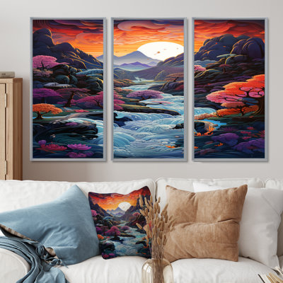 Coloré, montagne chinoise, rivière, pleine lune, ensemble d'art mural Lake House