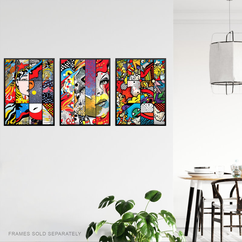 Abstract Pop Artwork Woman Face Comic Book Strip Style - 3 Piece No Frame Print Set, 29.7cm H x 21cm W x 0.4cm D
