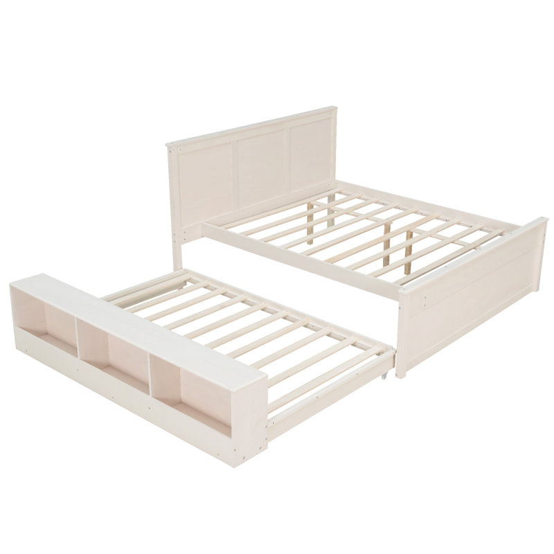 Lit plateforme en bois avec lit gigogne escamotable, Blanc, Lit double