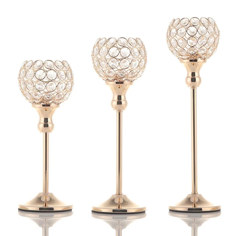 Set Of 3 Gold Candlestick Holders