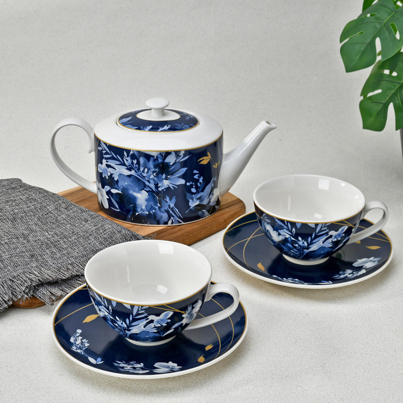 Day and Night Ceramic Set of Teapot and 2 teacups with saucers