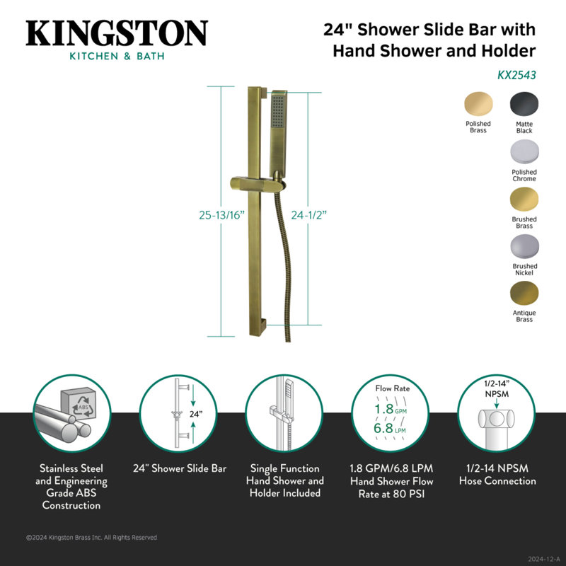 Kingston Brass Shower Scape 24-Inch Stainless Steel Shower Slide Bar with Hand Shower and Holder, Brushed Brass