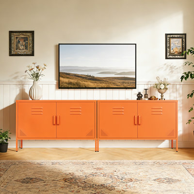 Wide Accent Storage Cabinet In Orange – Low-Profile Tv Stand Or Sideboard With Vent Holes & Sturdy Legs For Home & Office