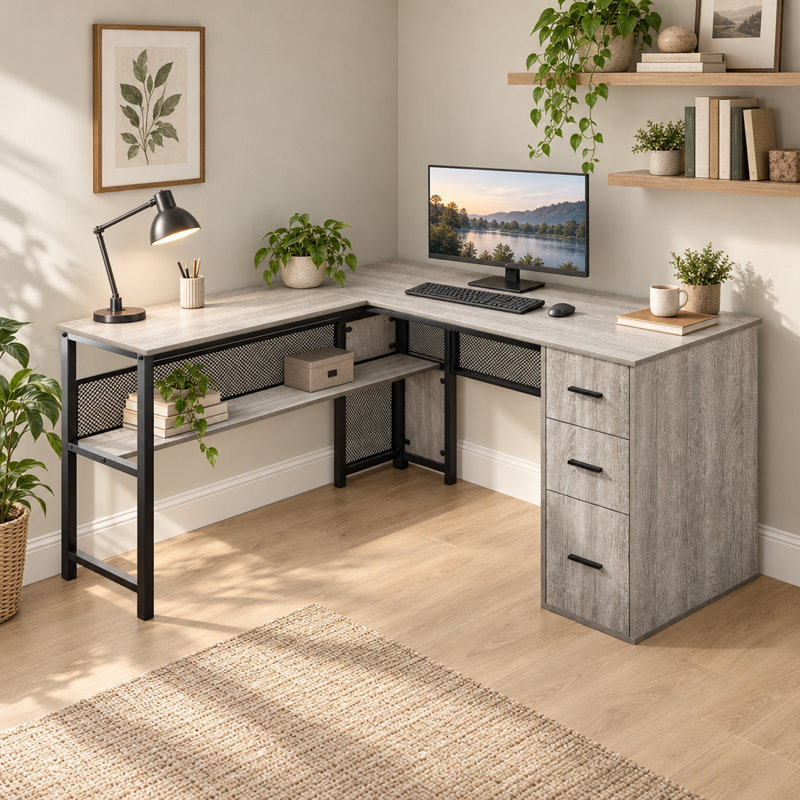 Bureau d'angle réversible de 150 cm (59,1 po) avec tiroir à dossiers suspendus et tablettes de rangement, Grey