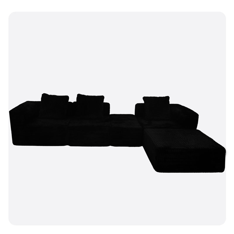 Modular Sectional Black Couch, 4 - Seat Cloud Couch With And Oversized Chaise For Living Room, Medium Firm Seat, American Design, 100% New Foam, Standard 100 By , Shrink , Pet Smooth Brushed Velvet