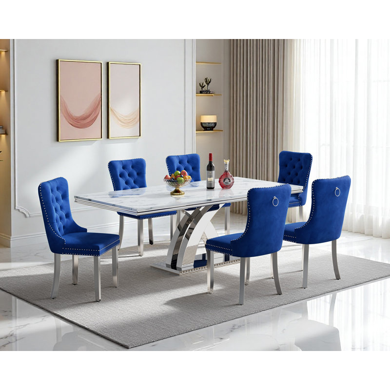 Modern 68.11" Faux Marble Dining Table Set , White Marble Dining Table with Velvet Dining Chairs, Dining Room Table and Chairs Set, Luxury Dining Table Set for Kitchen Dining