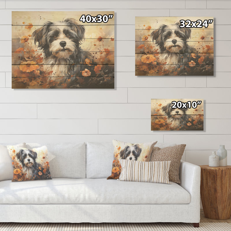 Floral Shih Tzu Serenity - Dog Wood Wall Art On Natural Pine Wood, 30" H x 40" W