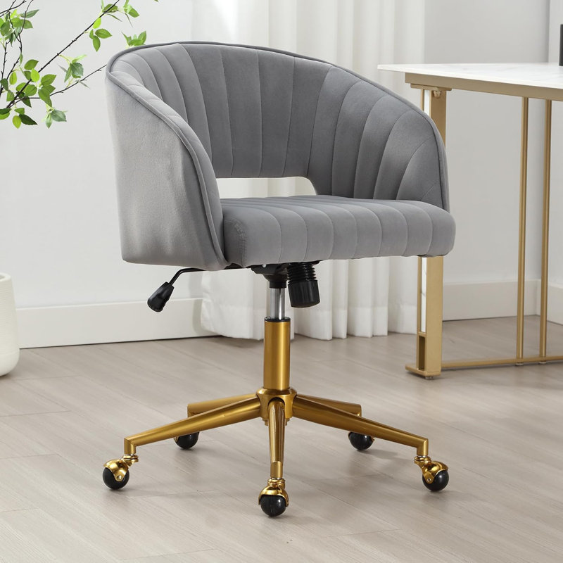 Velvet Desk Chair with Wheels, Home Office Swivel Armchair with Gold Base, Back Incline Adjustable for Vanity Make-up, Gray
