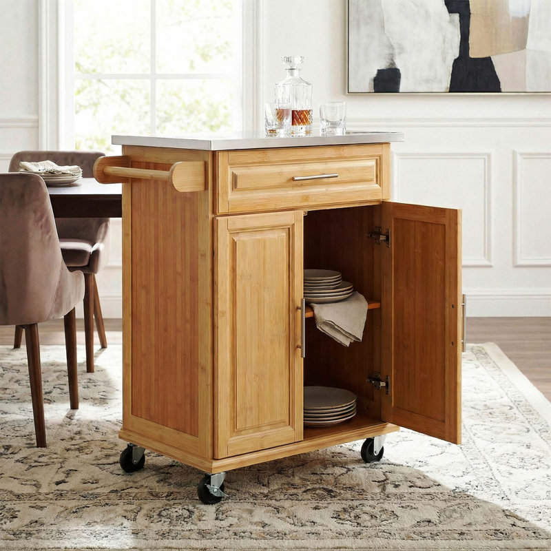 Chariot de cuisine intérieur en bambou compact avec plateau en acier inoxydable - Îlot de rangement mobile avec tiroir et armoire pour petits espaces