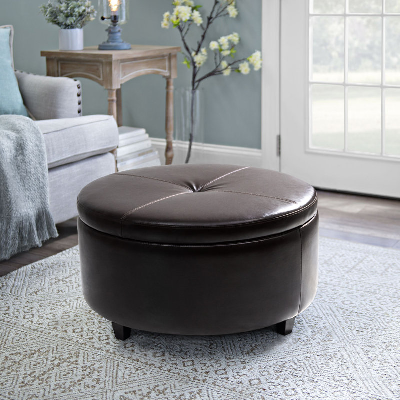 Repose-pieds rond en similicuir avec rangement de 31,5 po Corneshia, Brun