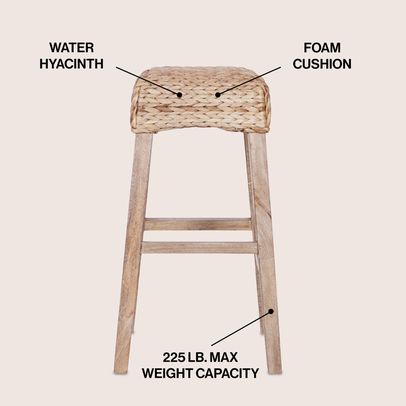 Maui Coastal 30" Woven Water Hyacinth Backless Bar Stool, Solid Mango Wood Frame with Integrated Footrest for Kitchen Island, Natural