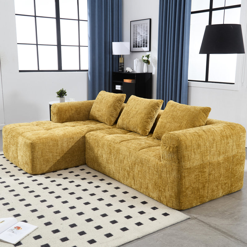 Chenille moderne avec méridienne - assise profonde et matériau modulaire en mousse de qualité, Chenille jaune
