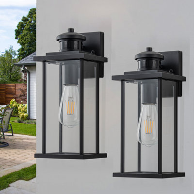 2 Pack Motion Sensor Dusk To Dawn Matte Black Outdoor Wall Lights With Clear Glass Shade