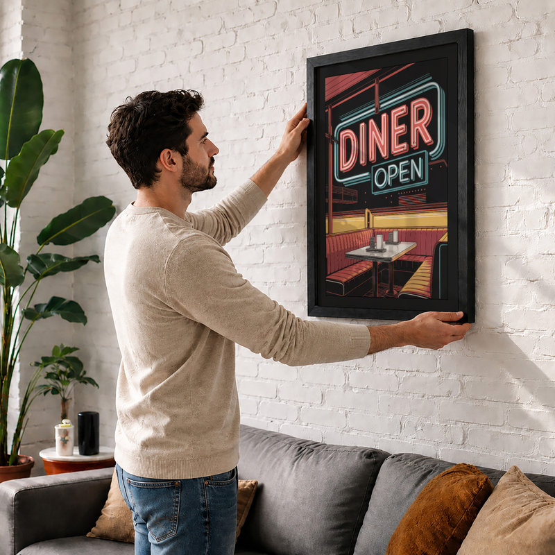 Neon Diner Sign Retro - Framed Print, Black, A3 - 42.0 x 29.7 cm
