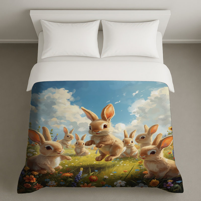 Lapins dans une prairie fleurie housses de couette, Très grand lit
