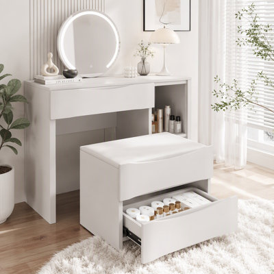 Bureau de coiffeuse à miroir 3-en-1 avec lumières et rangement, coiffeuse à maquillage avec DEL réglable, plateau coulissant latéral et tabouret