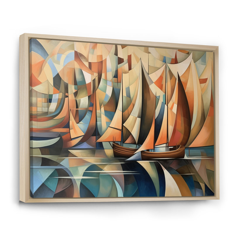 Abstrait voiliers au coucher du soleil, minimalisme cubiste I sur toile, Cadre naturel flottant, H 16 po x l 32 po x P 1 po