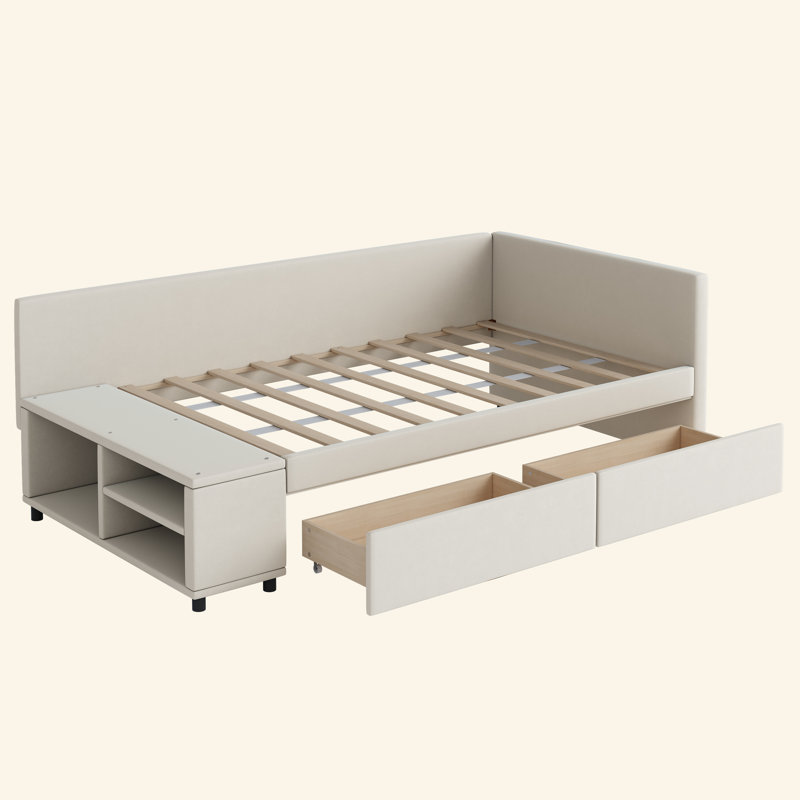 Lit plateforme simple tapissier en forme de L avec rangement et tiroirs, Beige