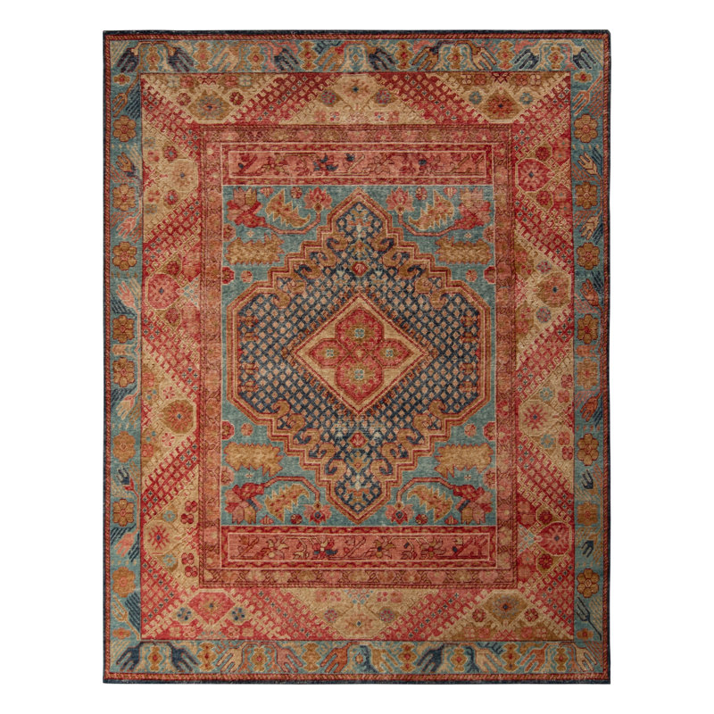 Distressed Homage Hand Knotted Wool Geometric Area Rug in Blue, Red, Gold, Brown, Pink, Rectangle 10' x 14'