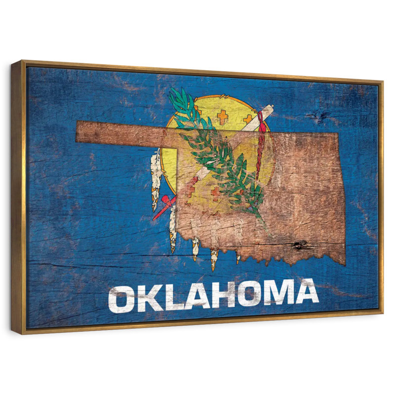 Carte de l'État sur le drapeau de l'Oklahoma, Cadre flottant doré, 31 po x 21 po