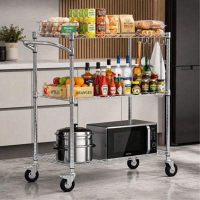 Chariot de cuisine, chariot de rangement réglable en fil métallique robuste à 3 niveaux, chariot de service roulant sur roulettes en acier commercial, table de travail avec barre de poignée, pour le garage et la salle de lavage, 35 x 17,8 x 40,9 po