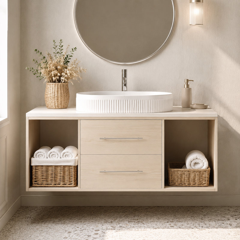 Floating Wall-Mounted Solid Wood Vanity Fitted With Oval Ceramic Sink Soft-Close Drawers And Open Shelf