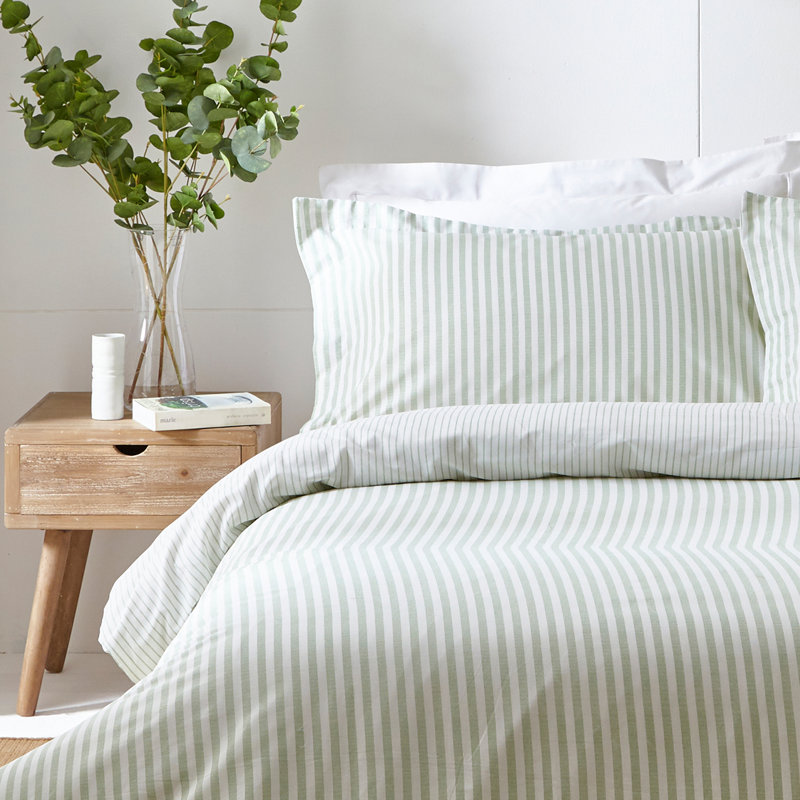 Hebden Mélange Stripe 100% Cotton Duvet Cover Set, Double Duvet Cover + 2 Standard Pillowcases, White/Green