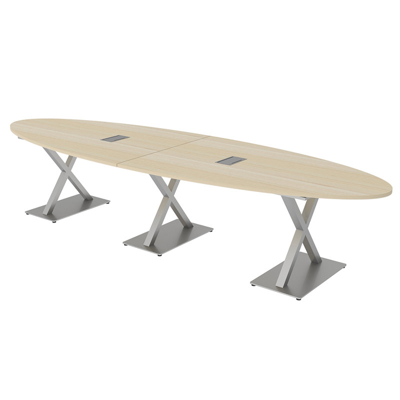 Table de conférence ovale avec base en X et bloc d'alimentation, Cyprès blanc, L 144 po x l 48 po
