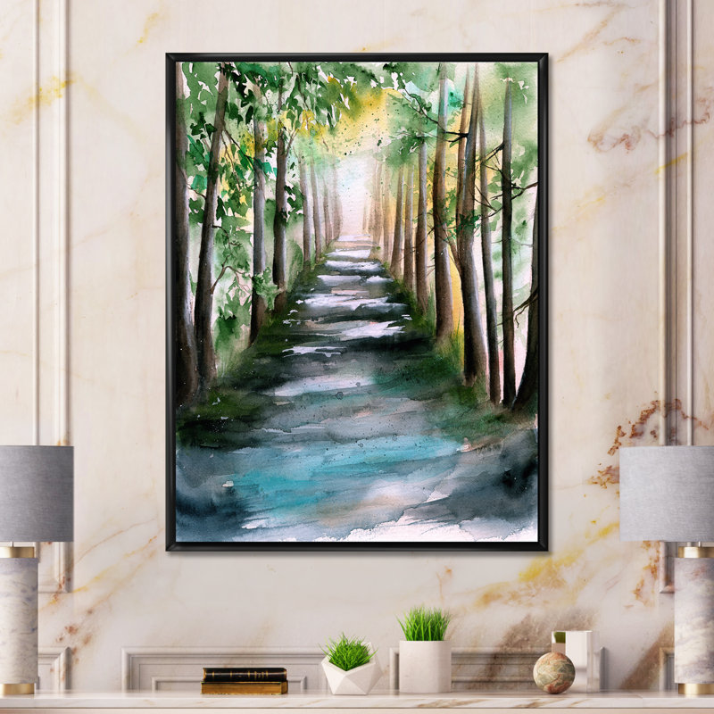 Une allée de forêt ensoleillée avec des ombres d'arbre - peinture sur toile, H 32 po x l 16 po, Toile à cadre flottant noir