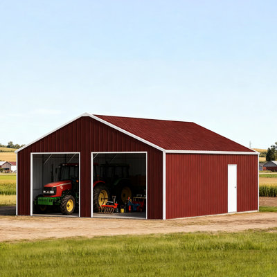 Remise de rangement en métal 33 pi x 25 pi, toit renforcé, ancrages en béton de 6 po, deux portes à cadre de 102 po, brun rougeâtre