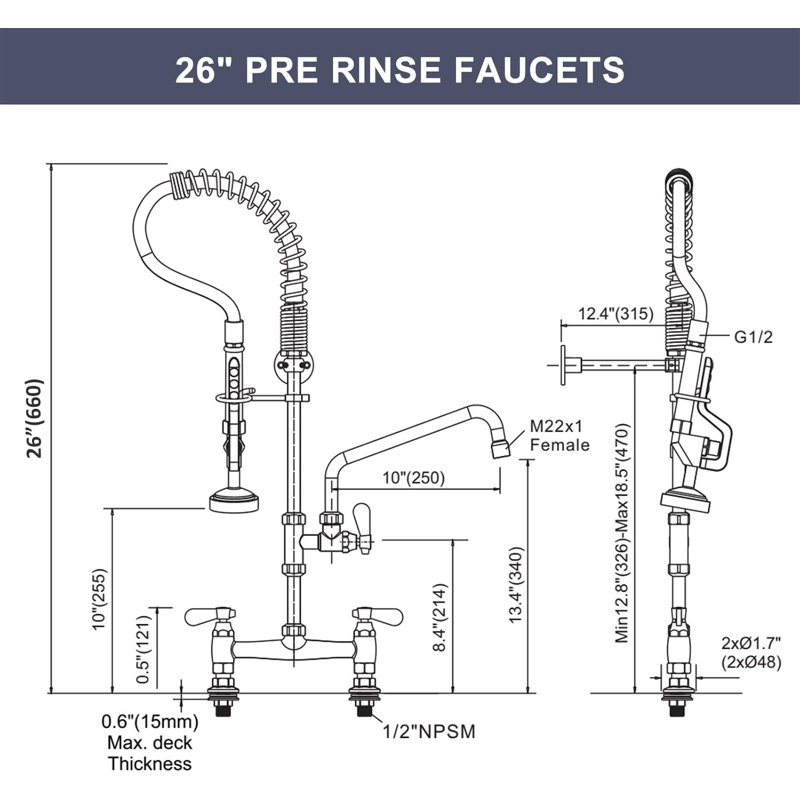 Commercial Kitchen Faucet with Pre-Rinse Sprayer 26Inch