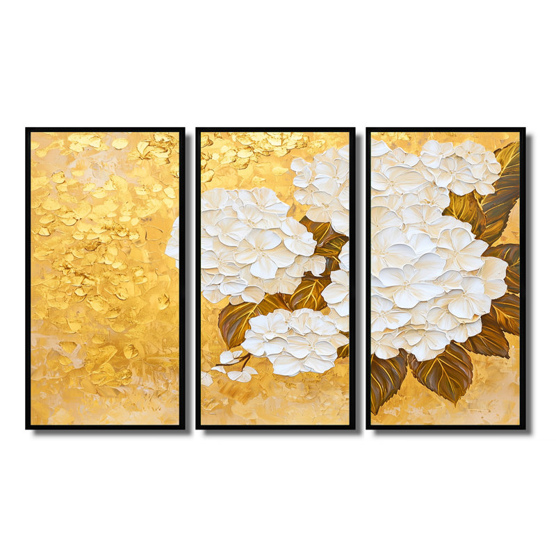 Ensemble de décorations murales Harmony Of Gold Hydrangeas II - Hydrangea, Noir, Reproduction avec cadre flottant