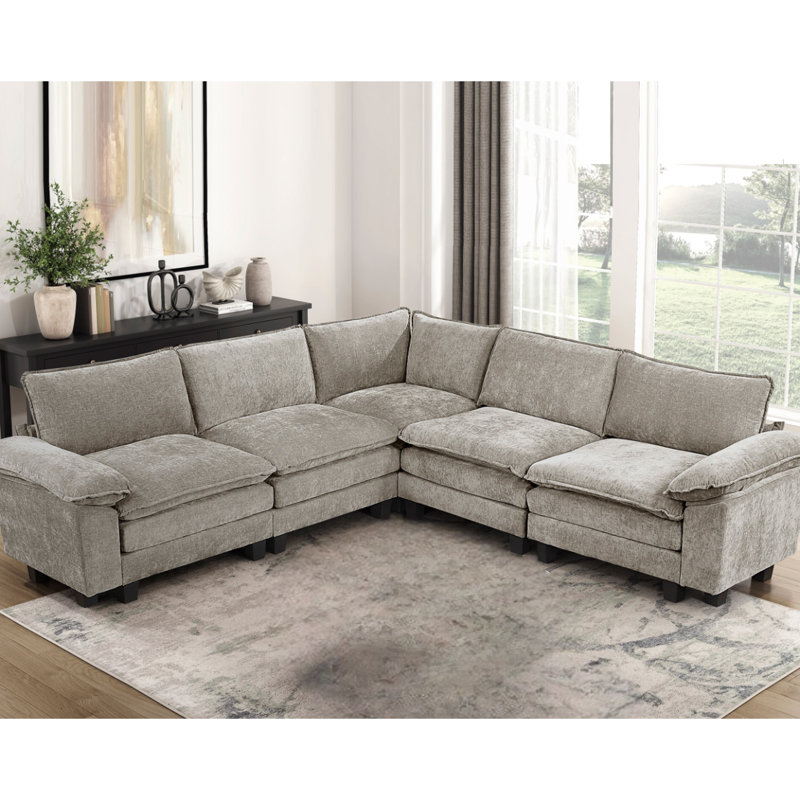 Contemporary 5 Modular In Dark , Chenille Upholstery, Plywood, High Padding, Adjustable Arm Pillows, Reversible Back Cushions, Removable Covers, Black Faux Wood Finish On Feet, 300Lbs Per Seat With
