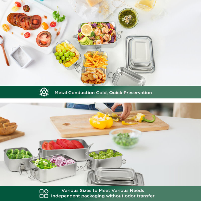 4-Piece 304 Stainless Steel Bento Box Set – 550ml Leak-Proof, Stackable Lunch Containers with Lids