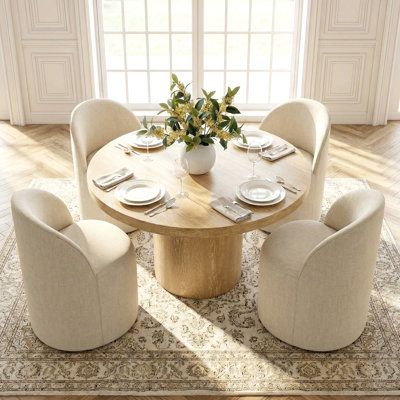 Ensemble de table de salle à manger pour 4 personnes avec table ronde en bois massif et 4 chaises pivotantes revêtues de lin