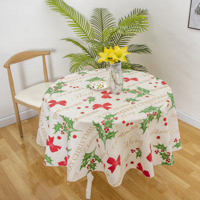 Nappe ronde de Noël en vinyle beige avec doublure en flanelle, 152 cm (60 pouces), motif houx et baies, inscription « Noël ».