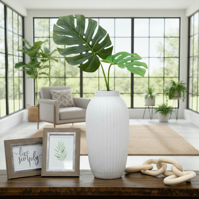 Vase d'intérieur blanc en céramique nervurée mouchetée