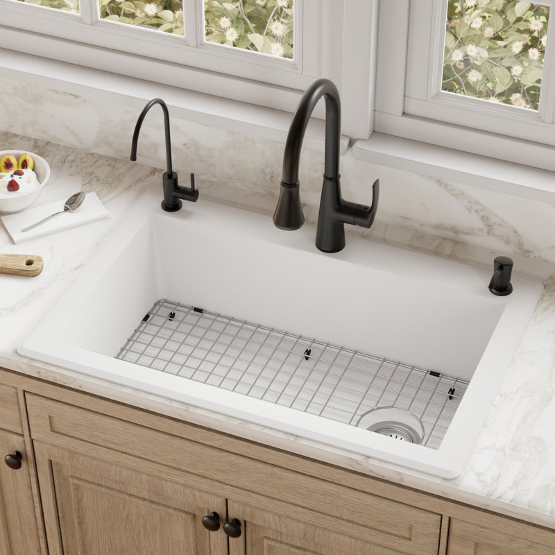 Karran Quartz 33'' X 22'' Single Bowl Top Mount Drop-in Kitchen Sink Kit, White